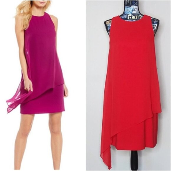 TAHARI Asymmetrical Chiffon Overlay Shift Dress Drapey Sleeveless Flowy Sz 8 NWT - Picture 1 of 15